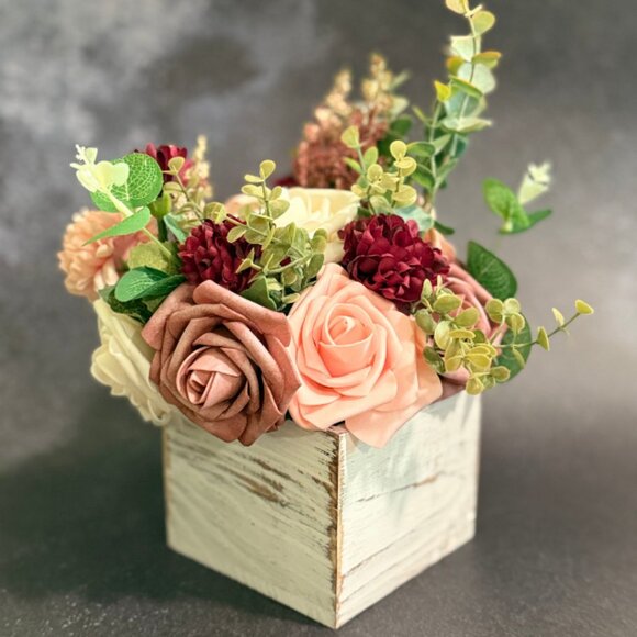 Fall Faux Floral Arrangement in Rustic Wooden Box – Home or Office Decor - Picture 1 of 13